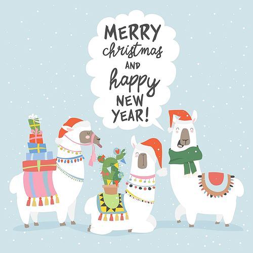 Vector Christmas card with llama. Merry Christmas card