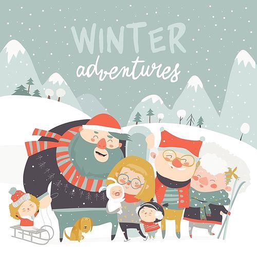 Winter season background people characters. Winter outdoor activities. People have fun. Vector illustration
