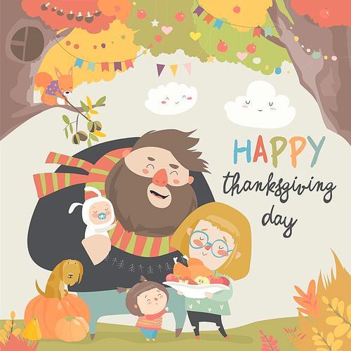 Vector illustration of a cartoon happy family celebrating Thanksgiving Day. Isolated white background