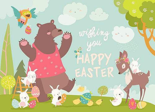 Cute bear,happy rabbits and little deer celebrating Easter. Vector illustration