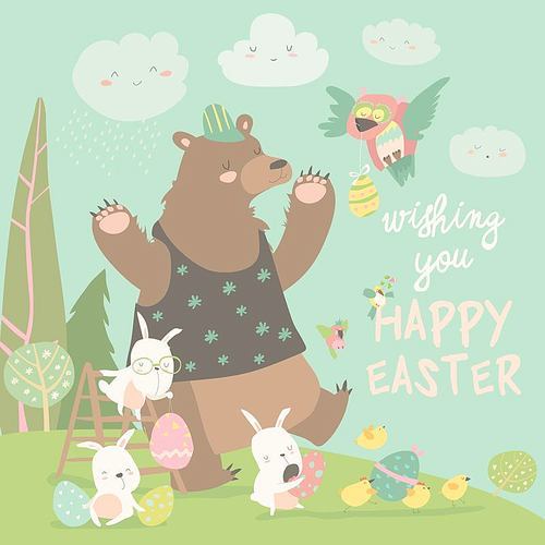 Happy Easter greeting vector illustration with bear and bunnies