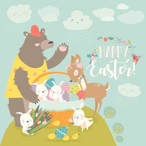 Cute bear,happy rabbits and little deer celebrating Easter. Vector illustration