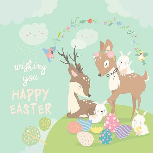 Cartoon Deers with cute bunnies. Happy animals for Easter. Vector greeting card