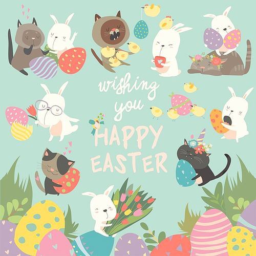 Happy bunnies and funny cats celebrating Easter. Vector illustration