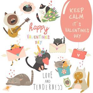 Set of vector cartoon characters cats in love theme. Valentines Day