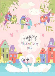 Cute birds in love celebrating Valentines Day. Vector greeting card