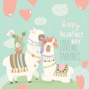 Cartoon mexican white alpaca llamas couple with hearts balloons. Happy Valentines day. Vector greeting card