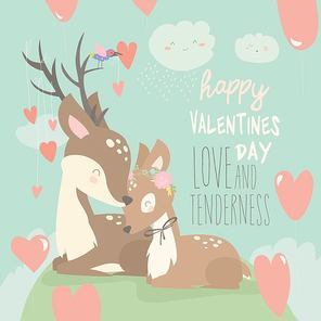 Cartoon deer couple with hearts balloons. Happy Valentines day. Vector greeting card
