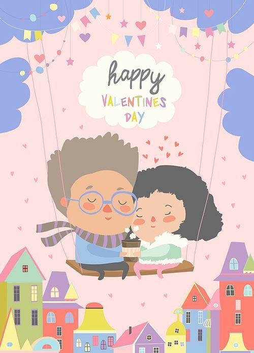 Two lovers sitting on swing.Happy Valentines Day. Vector illustration