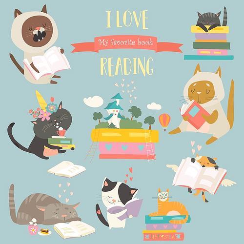 Cute funny cartoon cats reading books. Vector illustration