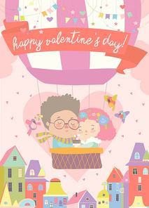 Cute couple in love flying on air ballon. Vector Valentines greeting card