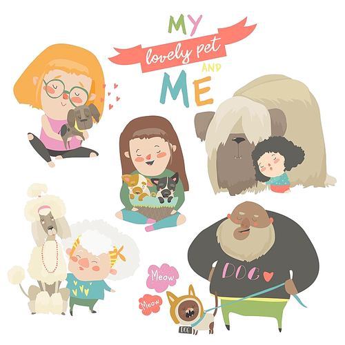 Cute pets with their owners. Vector collection