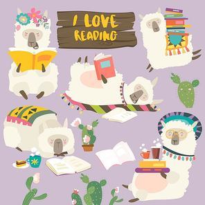 Funny cartoon llamas alpaca reading books. Vector illustration