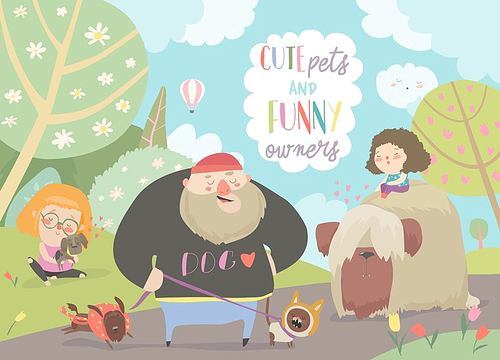 Funny owners walking with their cute pets. Vector illustration