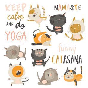 Cute cats in yoga postures. Vector collection on white background
