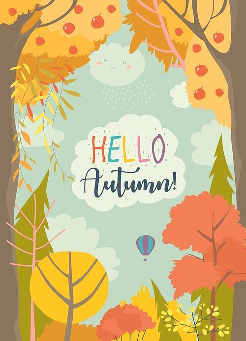 Cartoon frame with autumns forest. Vector illustration