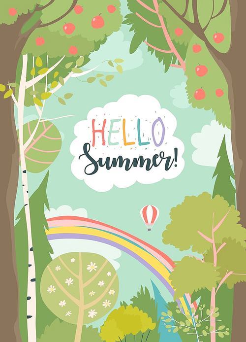Cartoon frame with summer forest and rainbow. Vector illustration