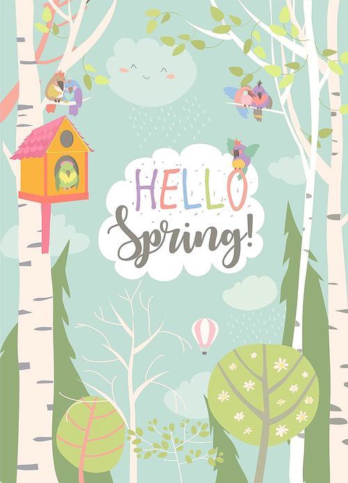 Cartoon frame with spring forest and birds. Vector illustration
