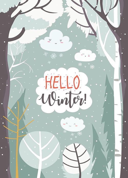 Cartoon frame with winter forest. Vector illustration
