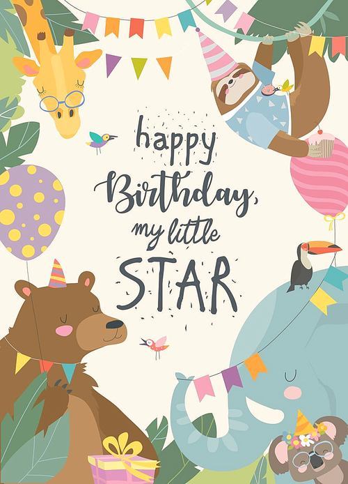 Vector frame with cute animals celebrating Birthday. Greeting card