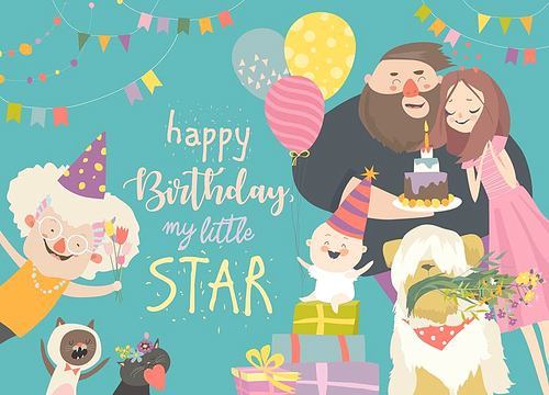 Mom and Dad celebrating their baby first birthday. Happy Family Character vector illustration