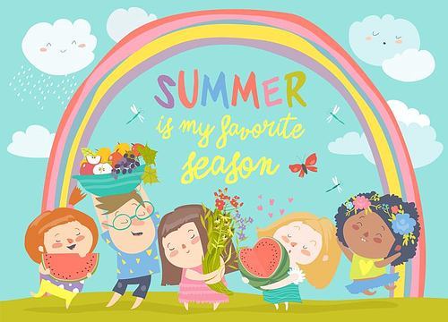 Cartoon children with flowers and fruits. Vector illustraton