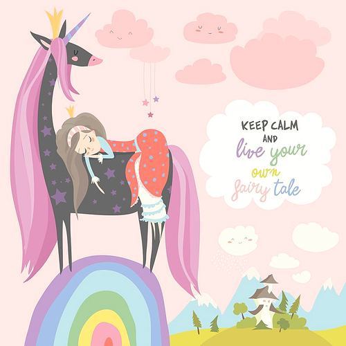 Cute cartoon girl with unicorn. Vector illustration