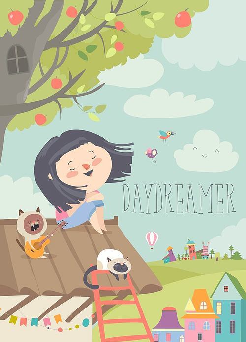 Pretty daydreamer sitting with cats on the roof. Vector illustration