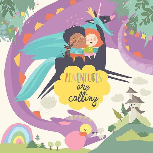 Happy children, unicorn and funny monster. Adventures are calling. Vector illustration