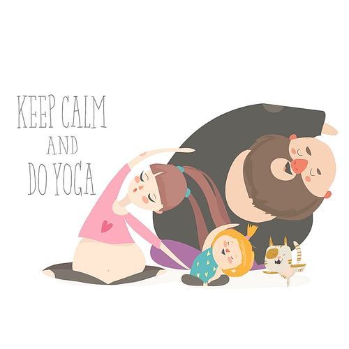 Family yoga. Cartoon characters doing asanas on white background. Vector illustration