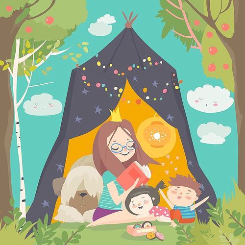 Mum and her kids reading book in a tepee tent in garden. Vector Illustration
