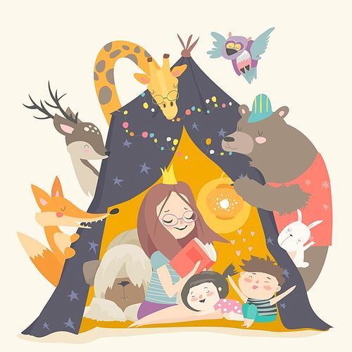 Mum and her kids reading book in a tepee tent . Vector Illustration