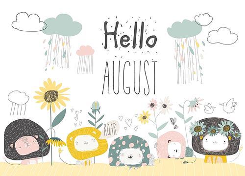 Vector cute lions with flowers and clouds. Hello august