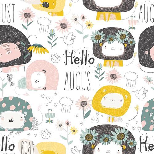 Vector seamless pattern with cute lions and flowers on white background. Hello august