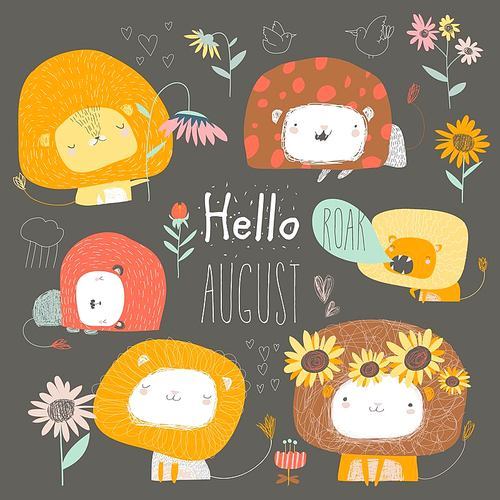 Vector set of cute lions and flowers. Hello august