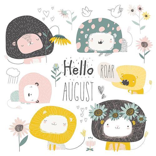 Vector set of cute lions and flowers. Hello august