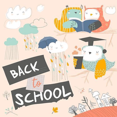 Cute owls sitting on branch with books. Back to school. Vector illustration