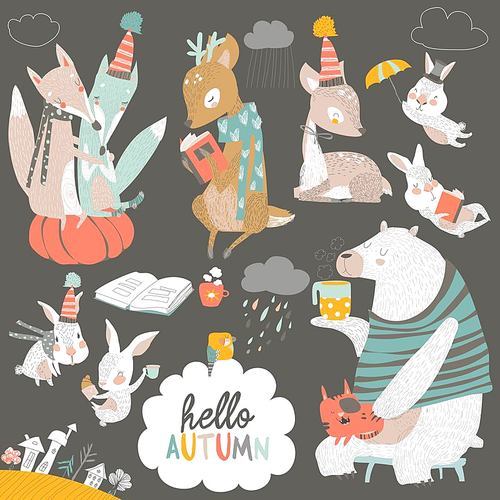 Fall set with cute forest animals in cartoon style. Vector illustration