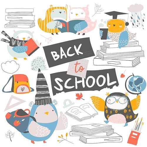 Set of cute owls with books. Back to school. Vector illustration