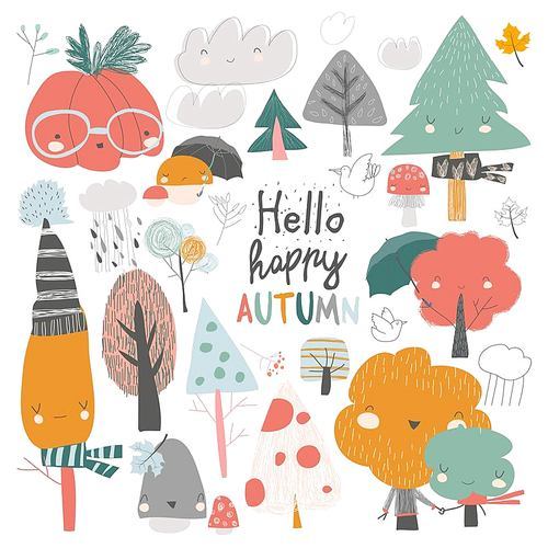 Colorful autumn trees. Cartoon yellow orange autumn tree on white background. Vector set