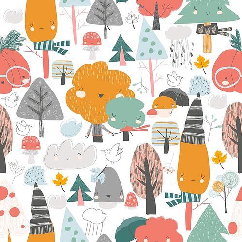 Vector seamless pattern with colorful autumn trees. Cartoon yellow orange autumn tree on white background