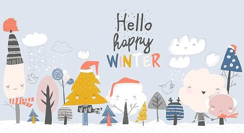 Cute winter trees. Cartoon winter tree on blue background. Vector illustration