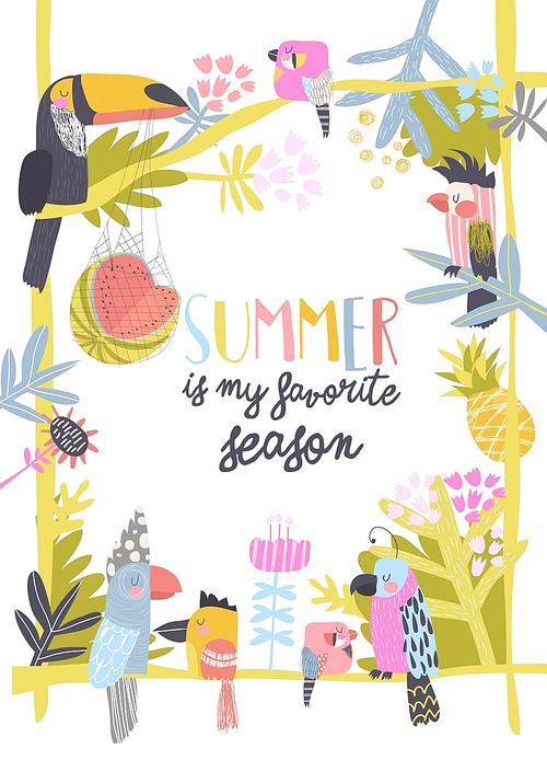 Vector cute magic frame composed of funny colorful exotic birds. Hello summer