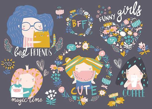 Vector set of cute girls with flowers and wreath. Best friends