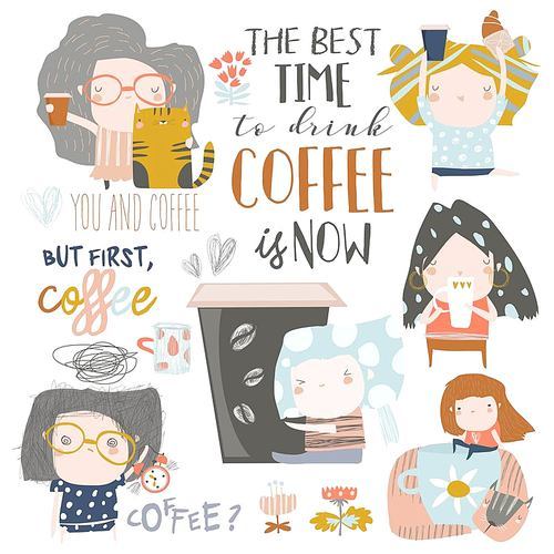 Cute young girls drinking coffee. Vector set on white background