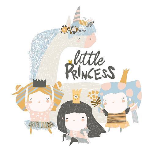 Little princess girl with magic unicorn. Vector illustration