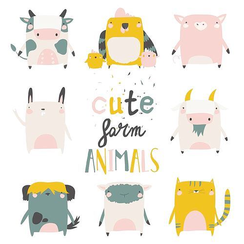 Cute Farm animals set on white background. Vector illustration. Cartoon farm animals.