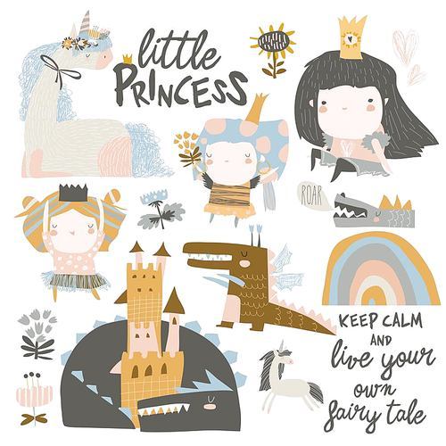 Vector set of cute little princesses, dragons and magic unicorns on white background