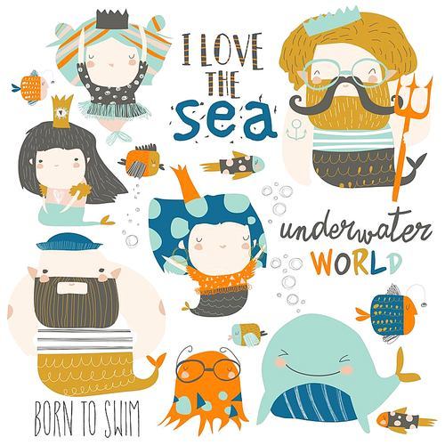 Mermaid girls vector illustration. Cute cartoon set with little mermaids. Under the sea