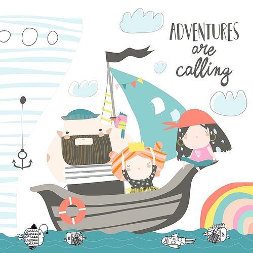 Cute dad and kids sailing at their ship. Vector illustration